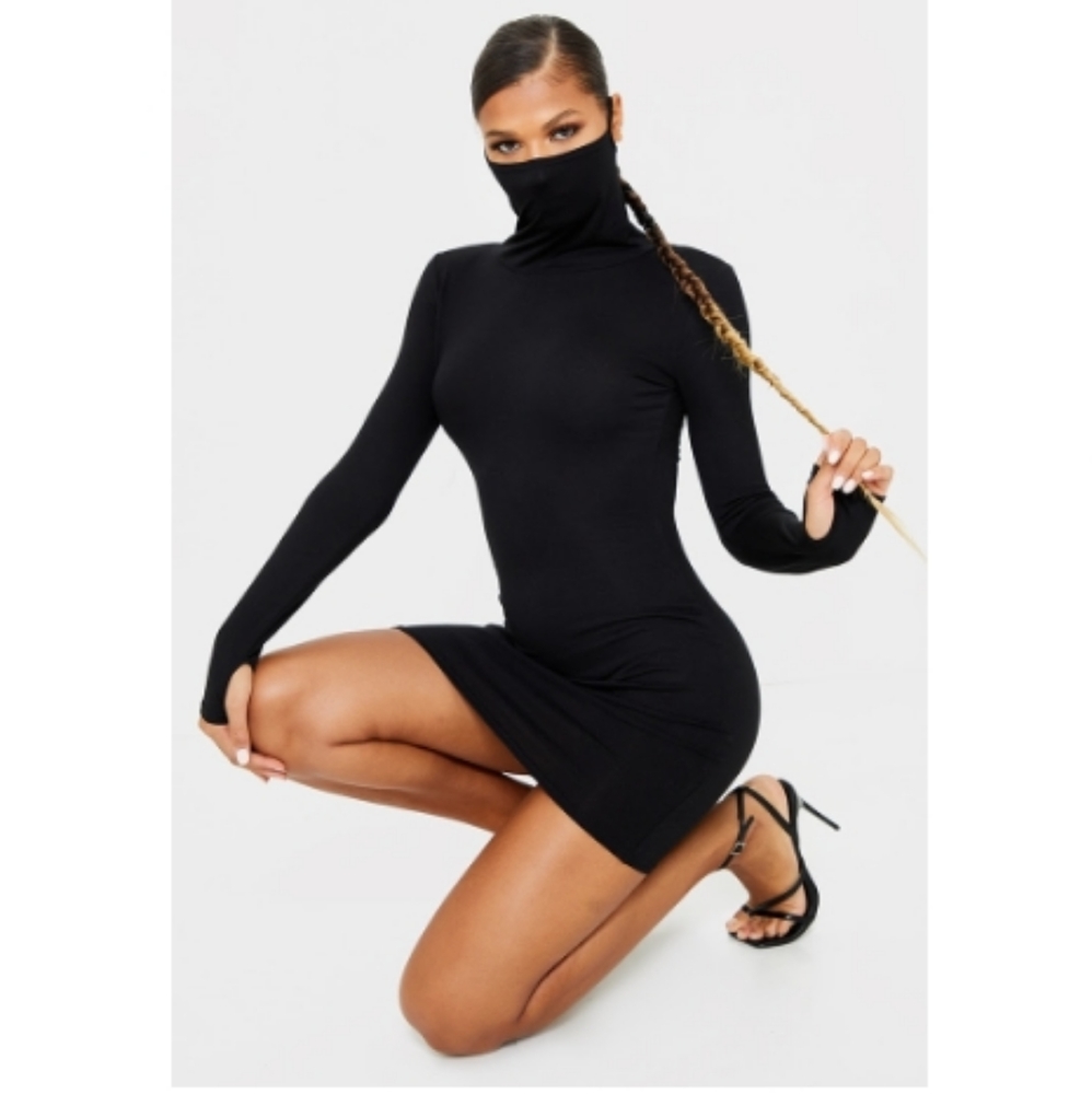 PLT Black Jersey Long Sleeve Mask Dress 12
